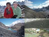 15 7 Tashi And Jerome Ryan On Langma La, Trail From Langma La To Our Camp Around noon, after sitting on the Langma La pass for over two hours, I decided to continue, the rocky path plunging in zigzags before flattening out, and plunging again on a slippery scree slope to a one kilometre long beautiful green lake flowing over the lip to a place at the base of the pass. This place was aptly named Lhatse (4900m). As I continued, I could see both camps were already set up about 500m apart, well below the trail. About two and a half hours after leaving the pass, I strolled into camp.